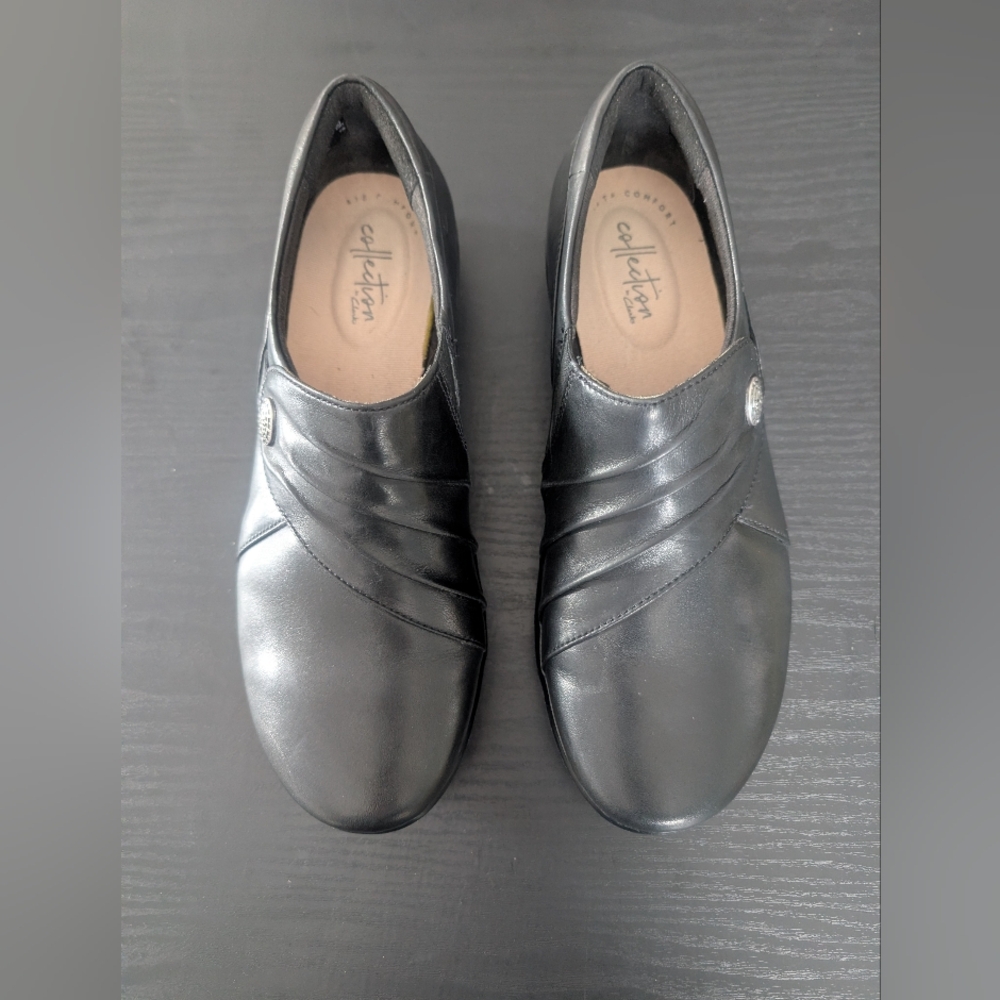 Clarks Hope Roxanne Black Leather Slip-On Shoes Women's 7.5 W Comfort Ortholite - Picture 3 of 13